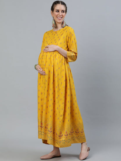 Women's Yellow & Gold Printed Maternity Dress With Three Quarter Sleeves