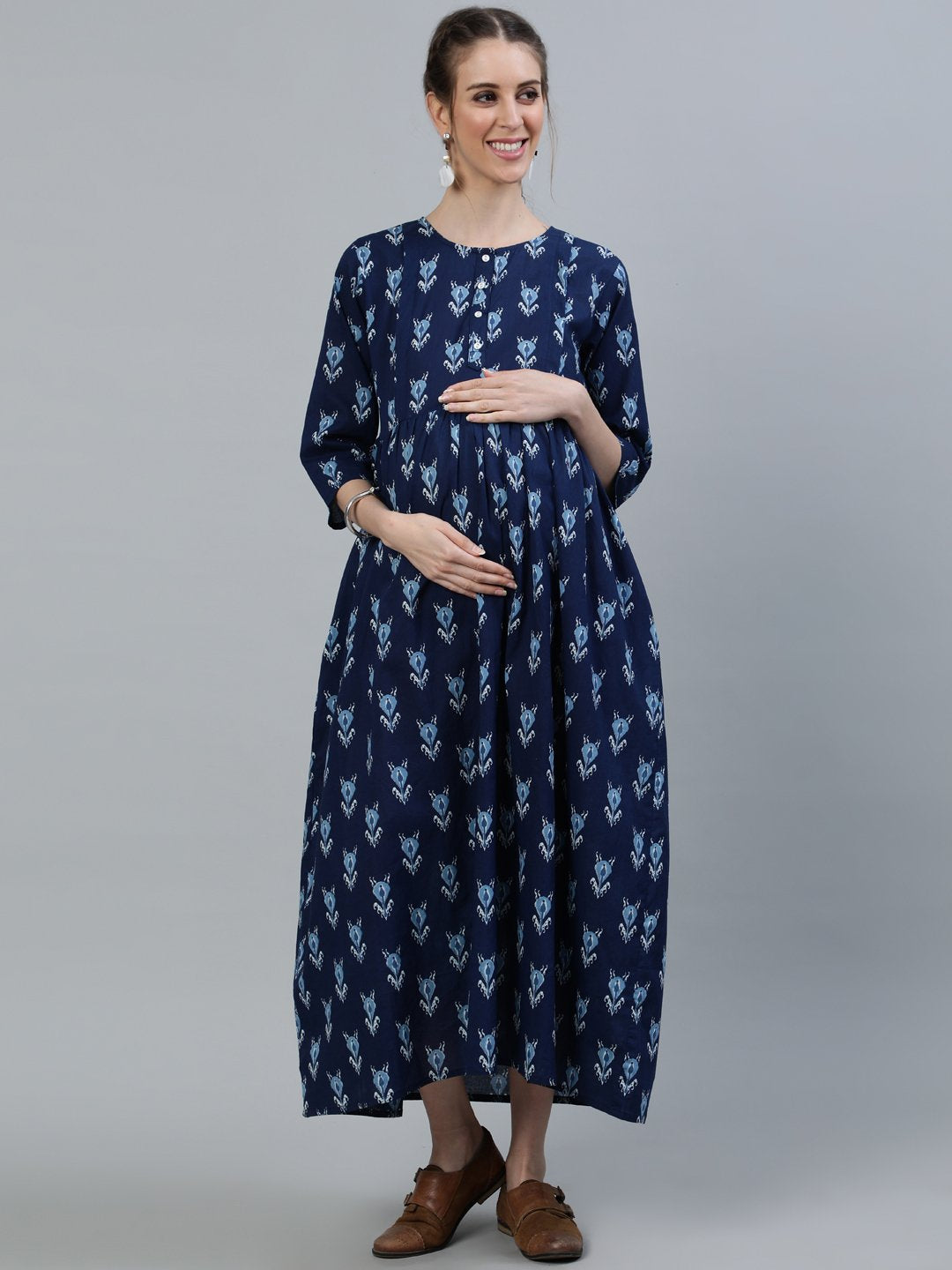 Women's Blue Indigo Printed Maternity Dress With Three Quarter Sleeves