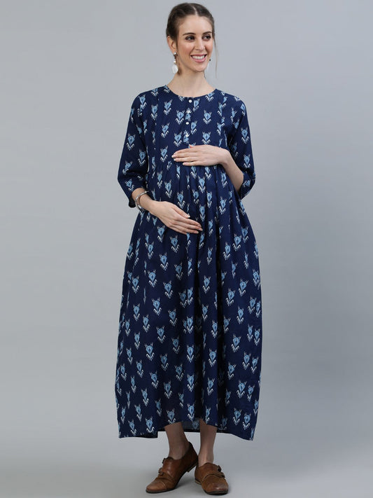 Women's Blue Indigo Printed Maternity Dress With Three Quarter Sleeves