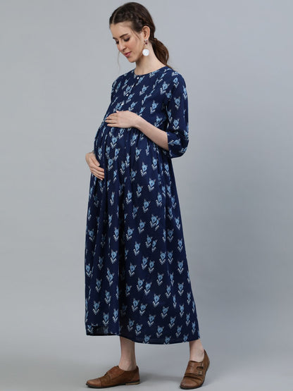 Women's Blue Indigo Printed Maternity Dress With Three Quarter Sleeves