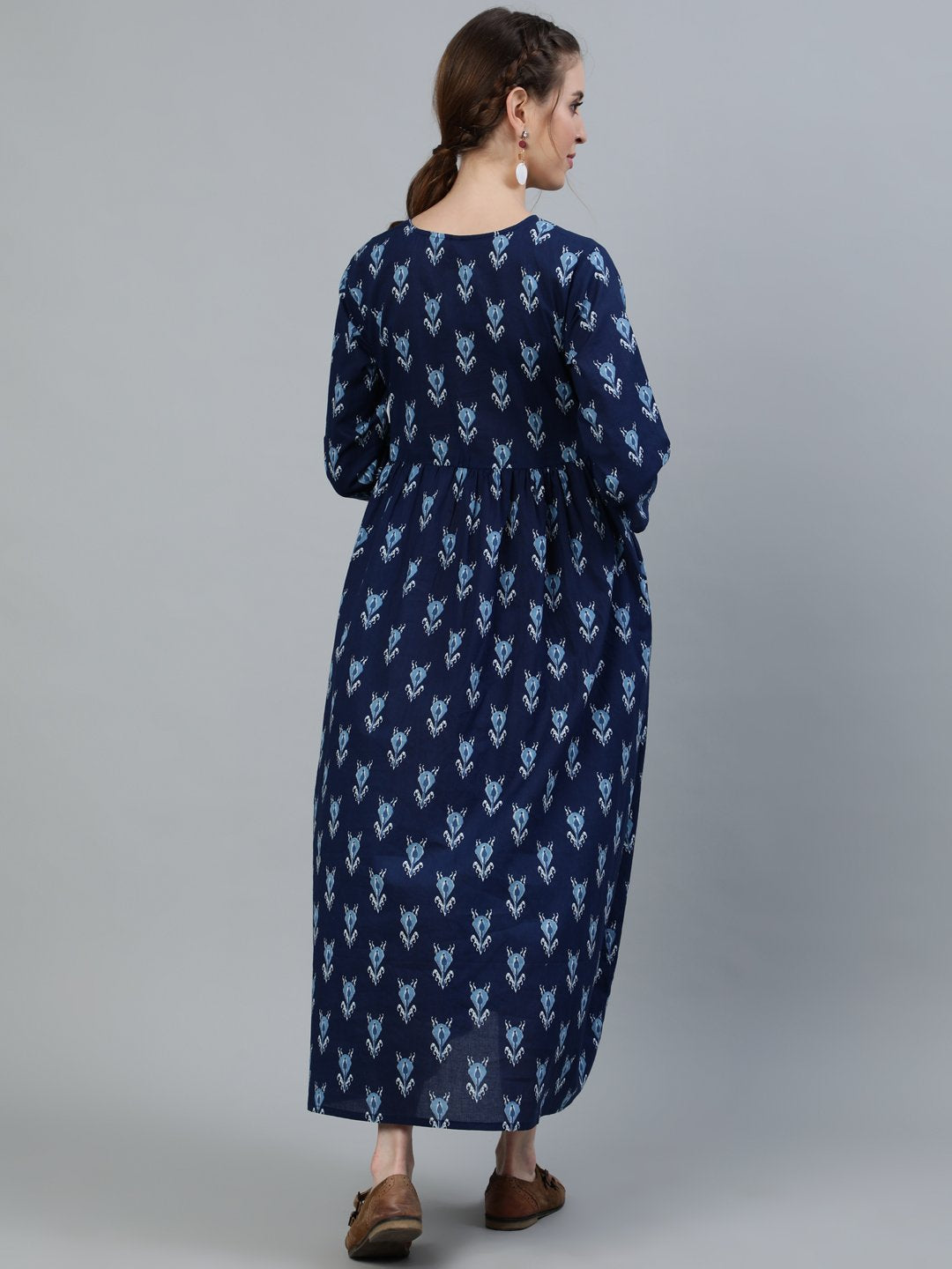 Women's Blue Indigo Printed Maternity Dress With Three Quarter Sleeves