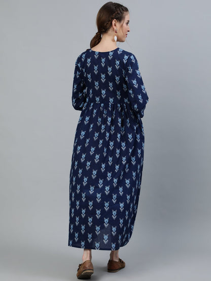 Women's Blue Indigo Printed Maternity Dress With Three Quarter Sleeves
