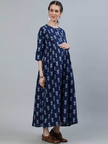 Women's Blue Indigo Printed Maternity Dress With Three Quarter Sleeves