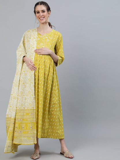 Women's Lime Green & Gold Indigo Printed Maternity Dress With Three Quarter Sleeves & Dupatta