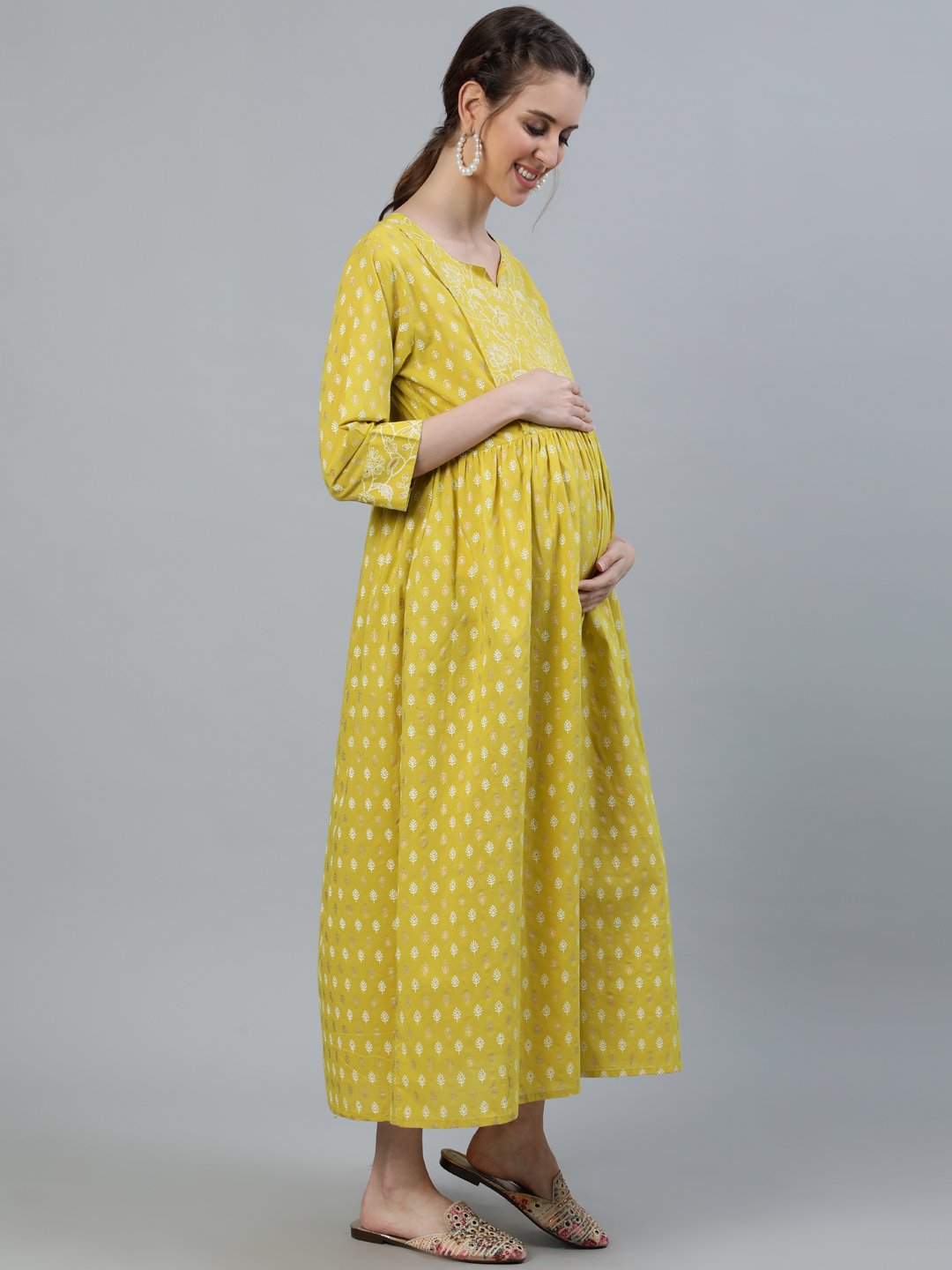 Women's Lime Green & Gold Indigo Printed Maternity Dress With Three Quarter Sleeves & Dupatta