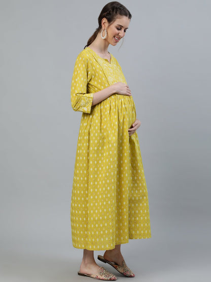 Women's Lime Green & Gold Indigo Printed Maternity Dress With Three Quarter Sleeves & Dupatta