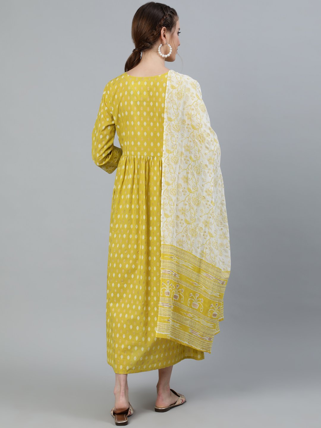 Women's Lime Green & Gold Indigo Printed Maternity Dress With Three Quarter Sleeves & Dupatta