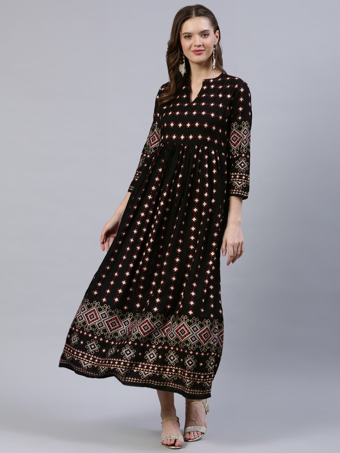 Women's Black Printed Dress With Three Quarter Sleeves