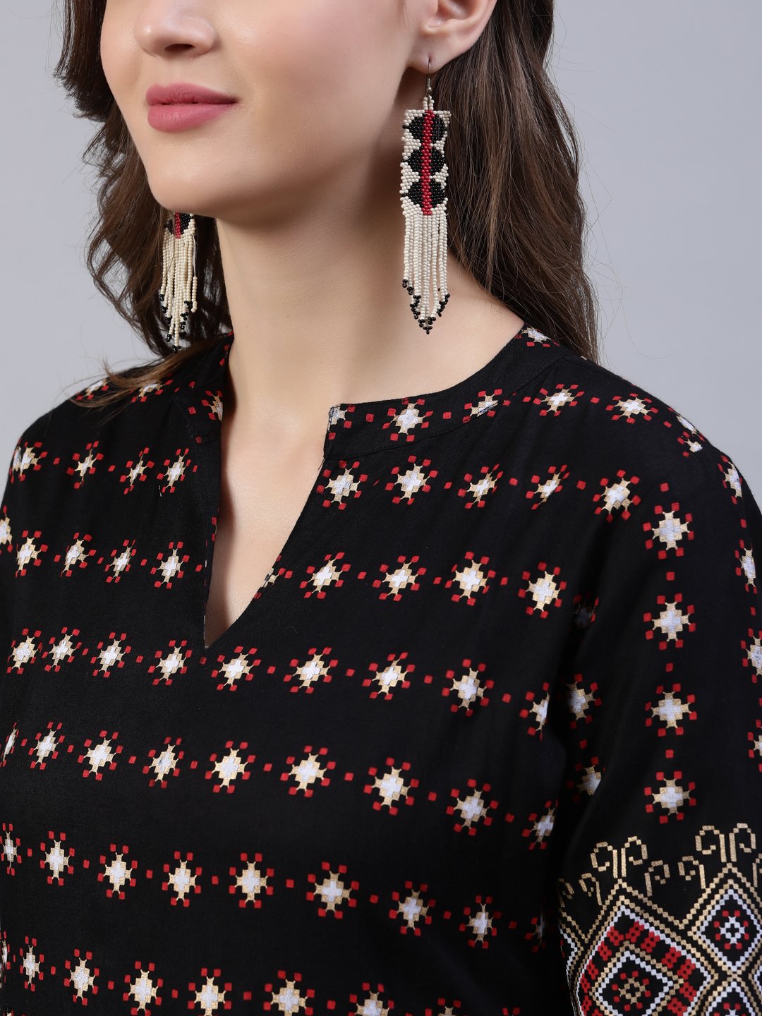 Women's Black Printed Dress With Three Quarter Sleeves