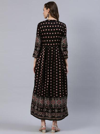 Women's Black Printed Dress With Three Quarter Sleeves