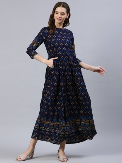 Women's Navy Blue & Gold Printed Dress With Three Quarter Sleeves