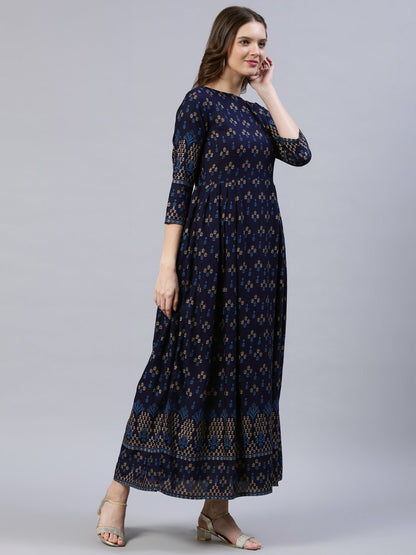 Women's Navy Blue & Gold Printed Dress With Three Quarter Sleeves