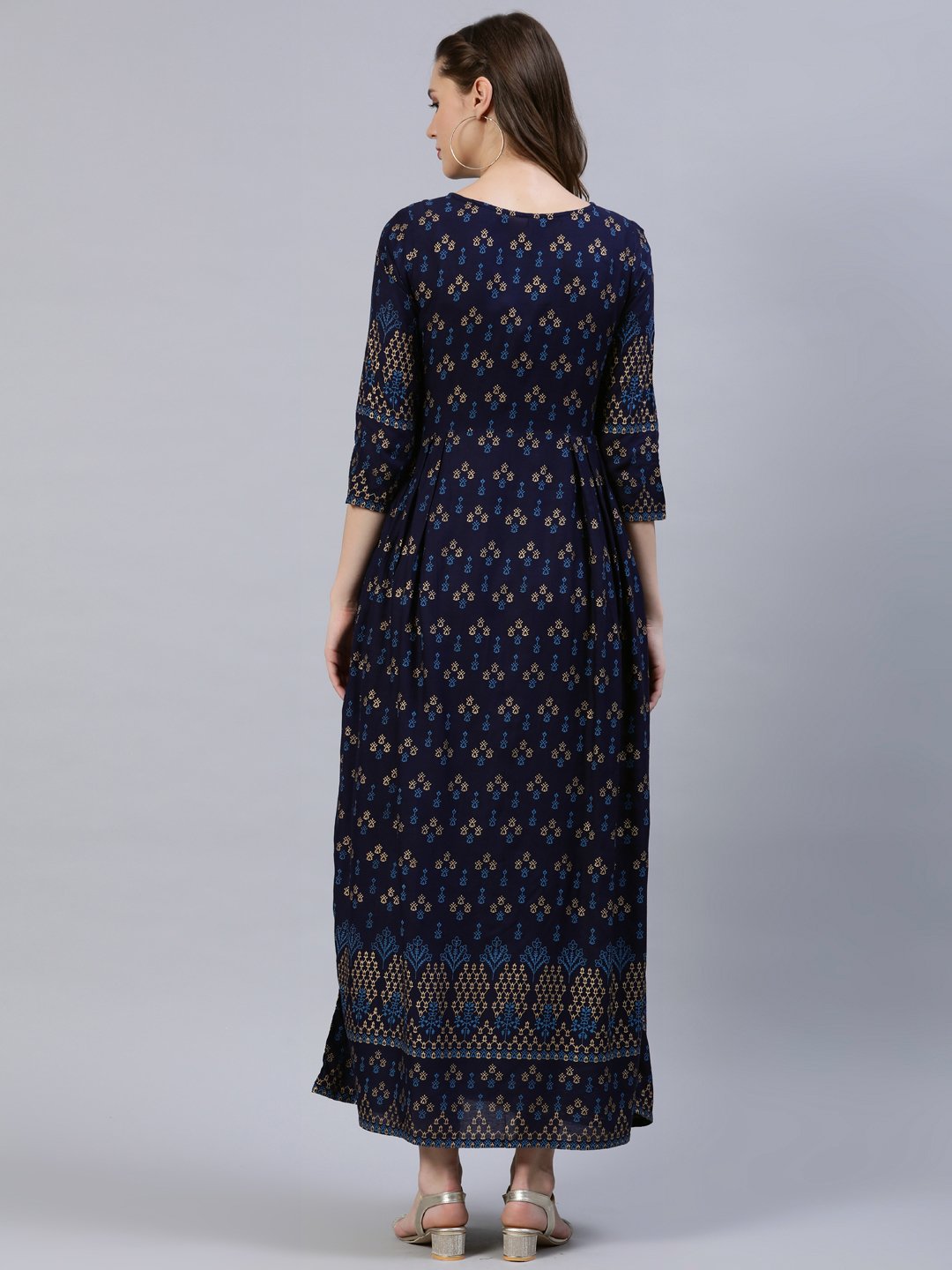 Women's Navy Blue & Gold Printed Dress With Three Quarter Sleeves