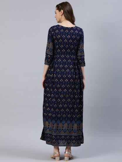 Women's Navy Blue & Gold Printed Dress With Three Quarter Sleeves