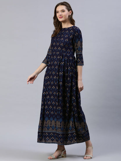 Women's Navy Blue & Gold Printed Dress With Three Quarter Sleeves