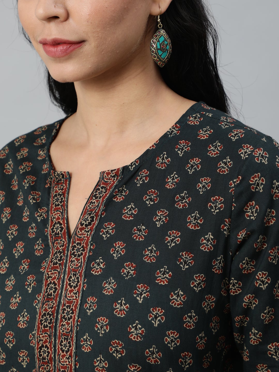 Women's Green Printed Tunic With Three Quarter Sleeves