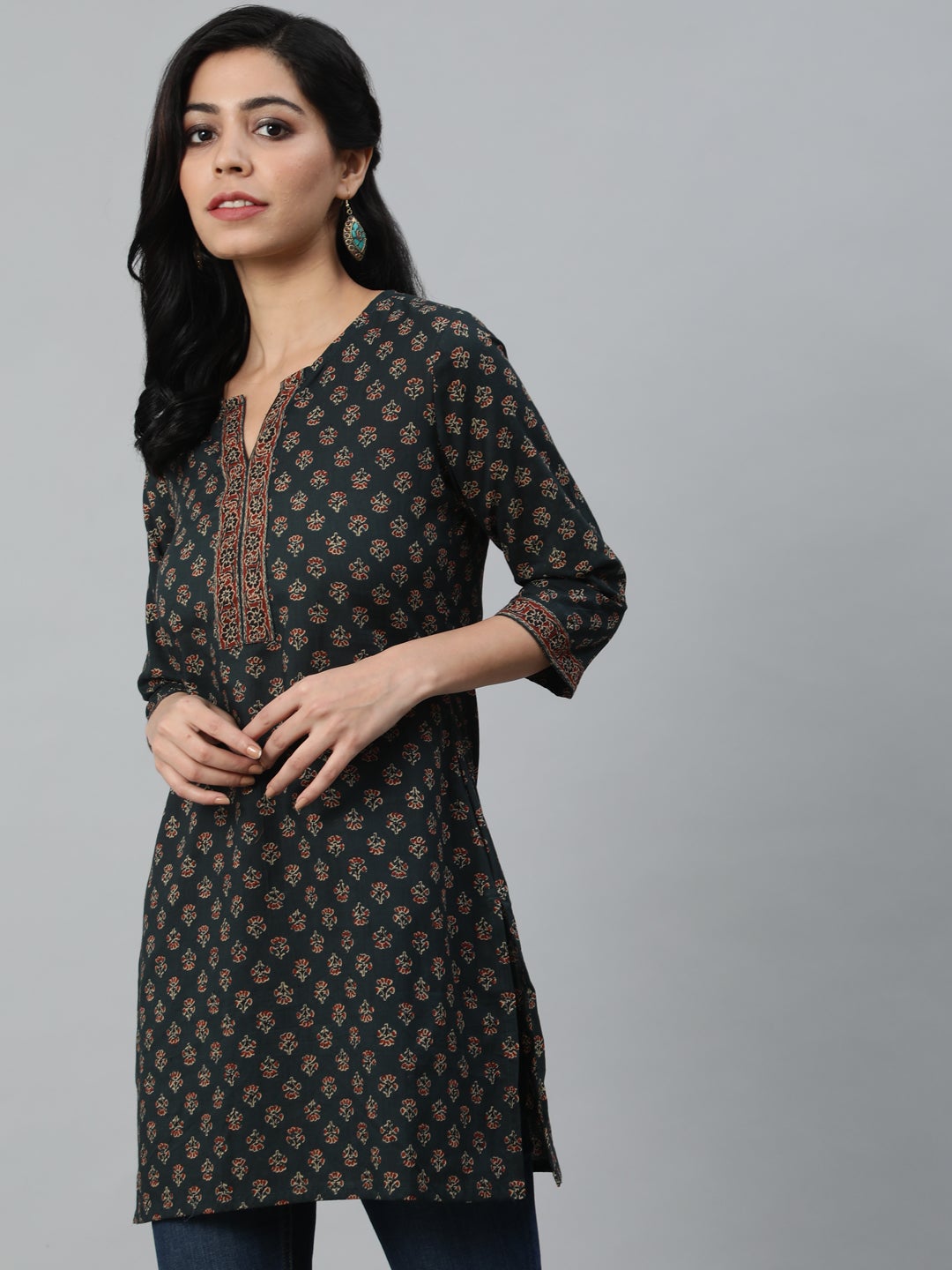 Women's Green Printed Tunic With Three Quarter Sleeves