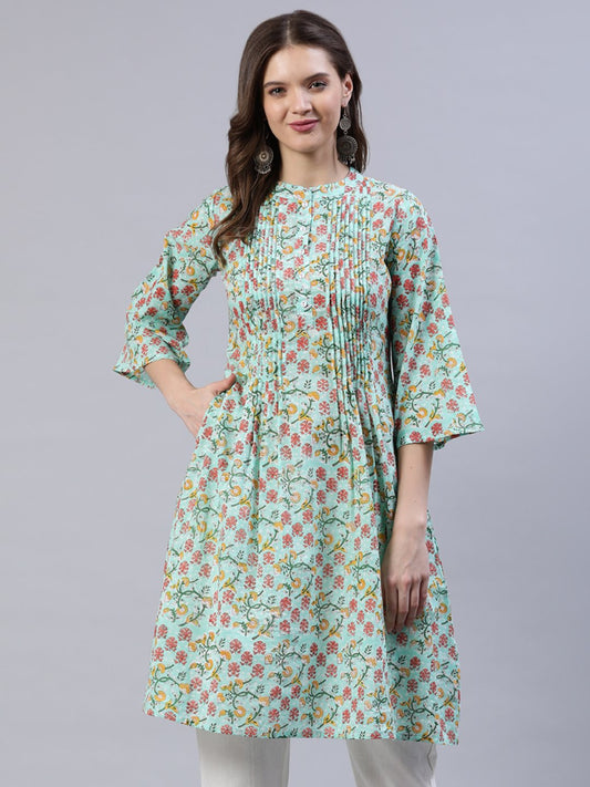 Women's Green Pleated A-Line Kurta With Three Quarter Sleeves