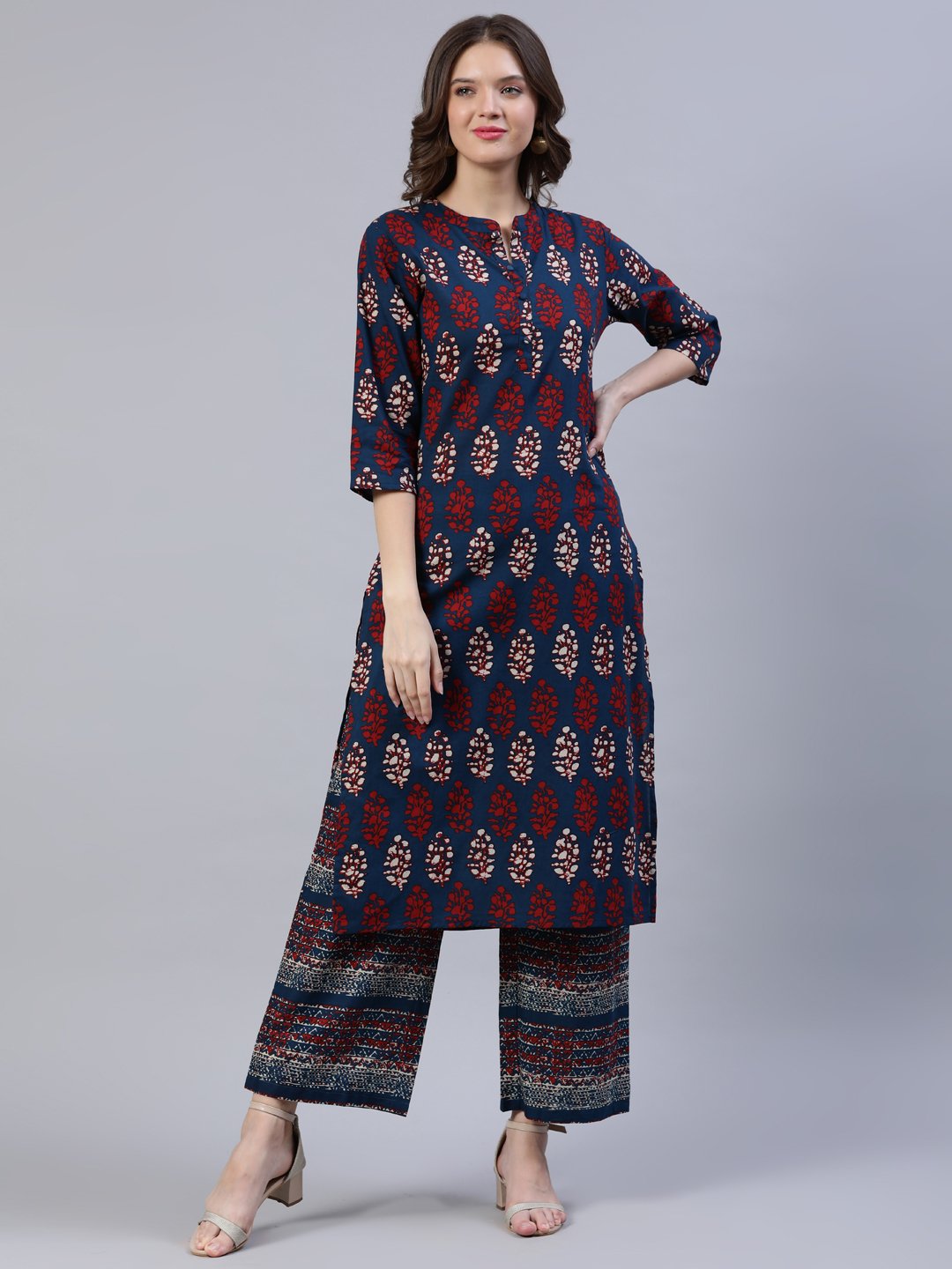Women's Blue & Red Printed Straight Kurta