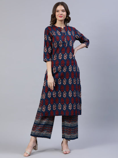 Women's Blue & Red Printed Straight Kurta