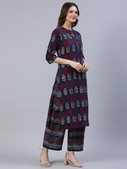 Women's Blue & Red Printed Straight Kurta