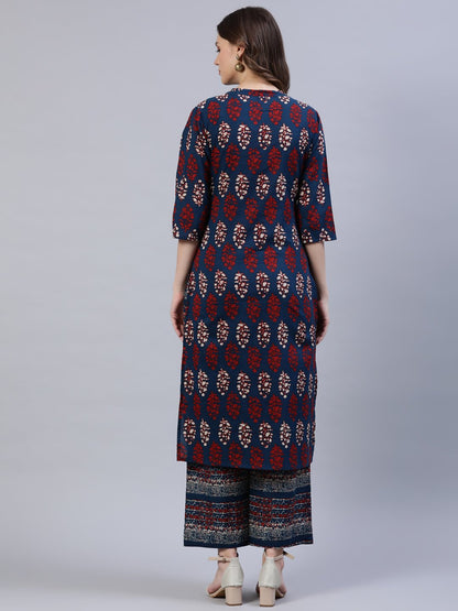 Women's Blue & Red Printed Straight Kurta