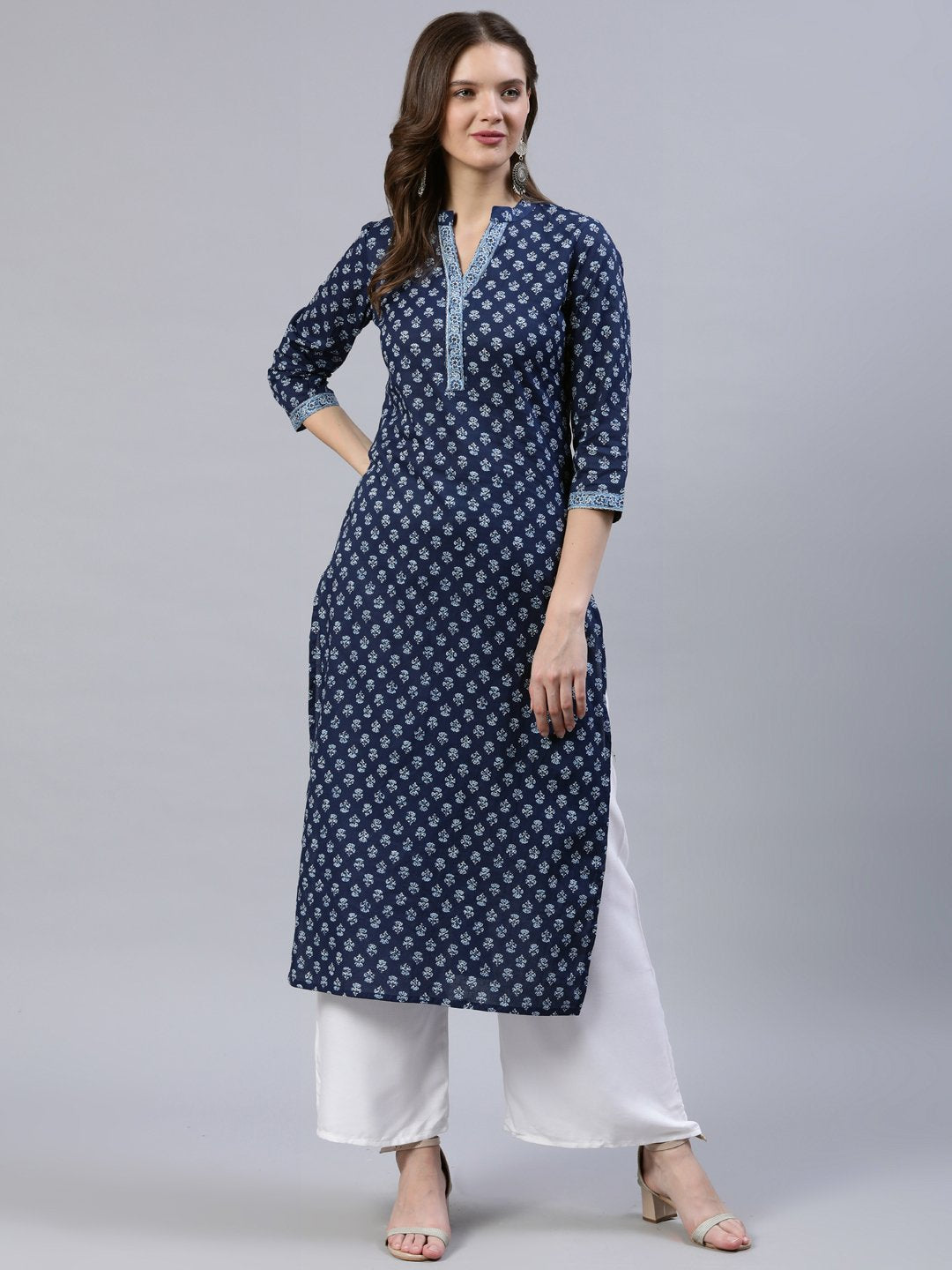 Women's Indigo Blue Printed Straight Kurta With Three Quarter Sleeves