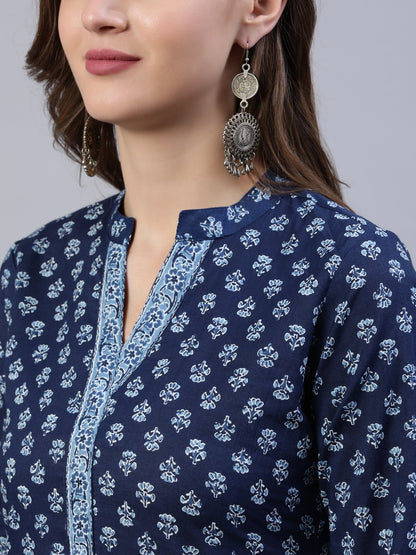 Women's Indigo Blue Printed Straight Kurta With Three Quarter Sleeves
