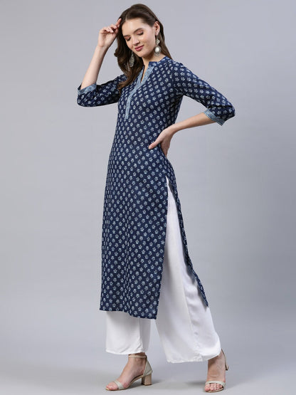 Women's Indigo Blue Printed Straight Kurta With Three Quarter Sleeves