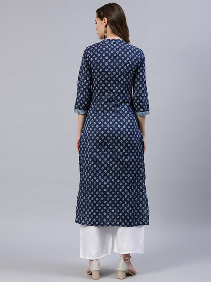 Women's Indigo Blue Printed Straight Kurta With Three Quarter Sleeves