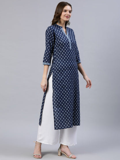 Women's Indigo Blue Printed Straight Kurta With Three Quarter Sleeves
