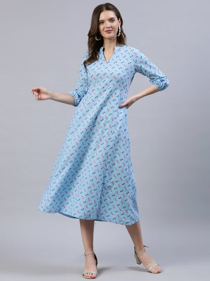 Women's Light Blue Dress With Three Quarter Detailed Sleeves