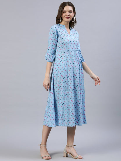Women's Light Blue Dress With Three Quarter Detailed Sleeves