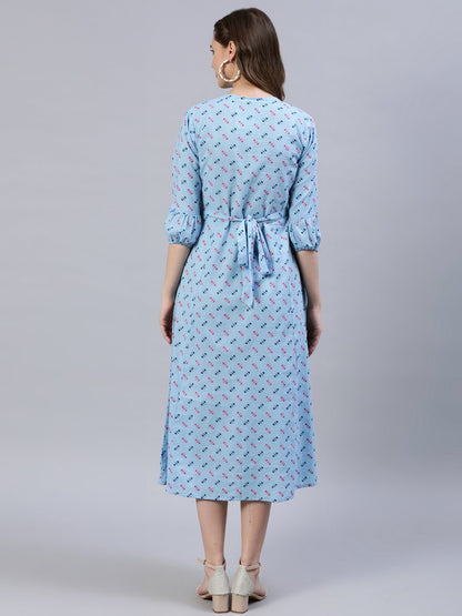 Women's Light Blue Dress With Three Quarter Detailed Sleeves