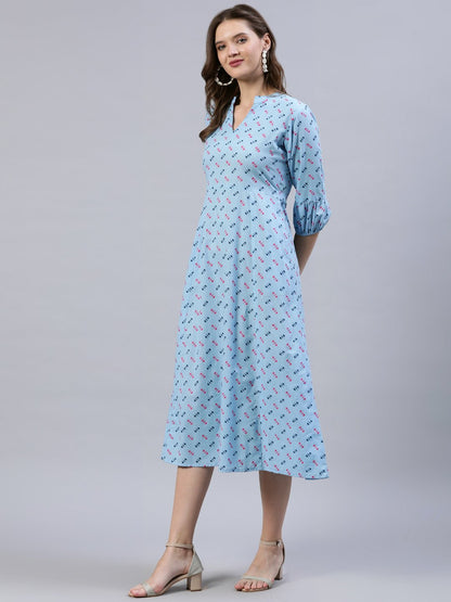 Women's Light Blue Dress With Three Quarter Detailed Sleeves