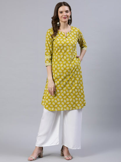 Women's Green Printed Straight Kurta With Three Quarter Sleeves