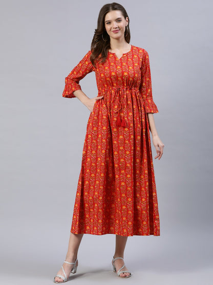 Women's Red Printed Dress With Flared Sleeves