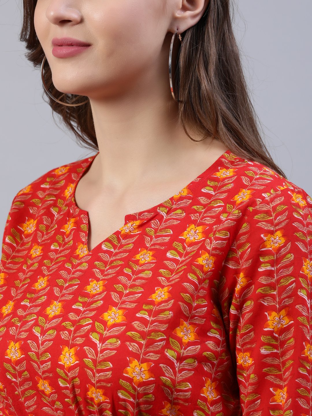 Women's Red Printed Dress With Flared Sleeves