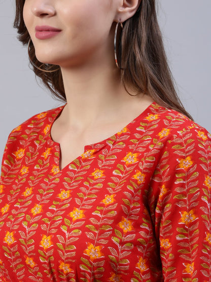 Women's Red Printed Dress With Flared Sleeves