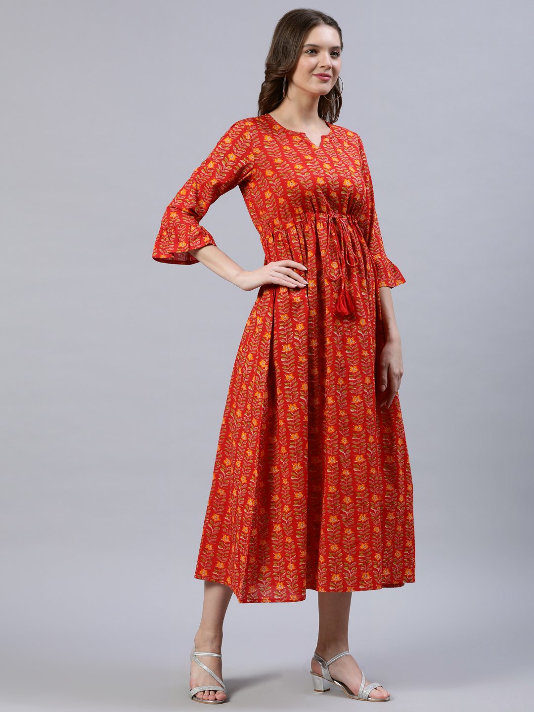 Women's Red Printed Dress With Flared Sleeves