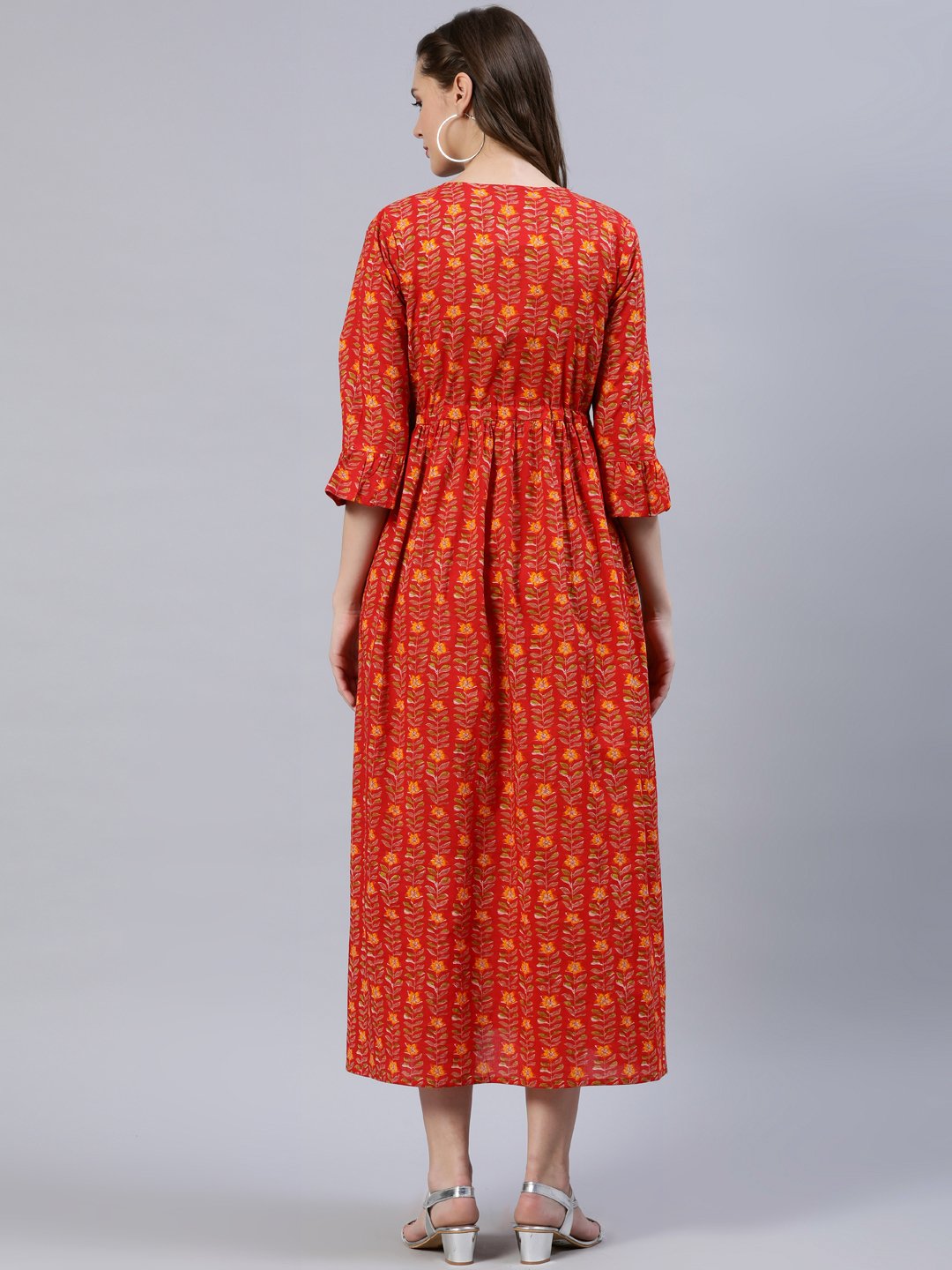 Women's Red Printed Dress With Flared Sleeves