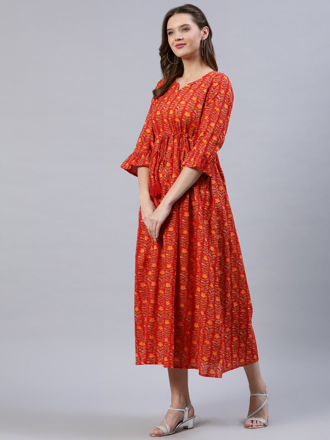 Women's Red Printed Dress With Flared Sleeves