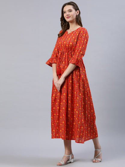 Women's Red Printed Dress With Flared Sleeves