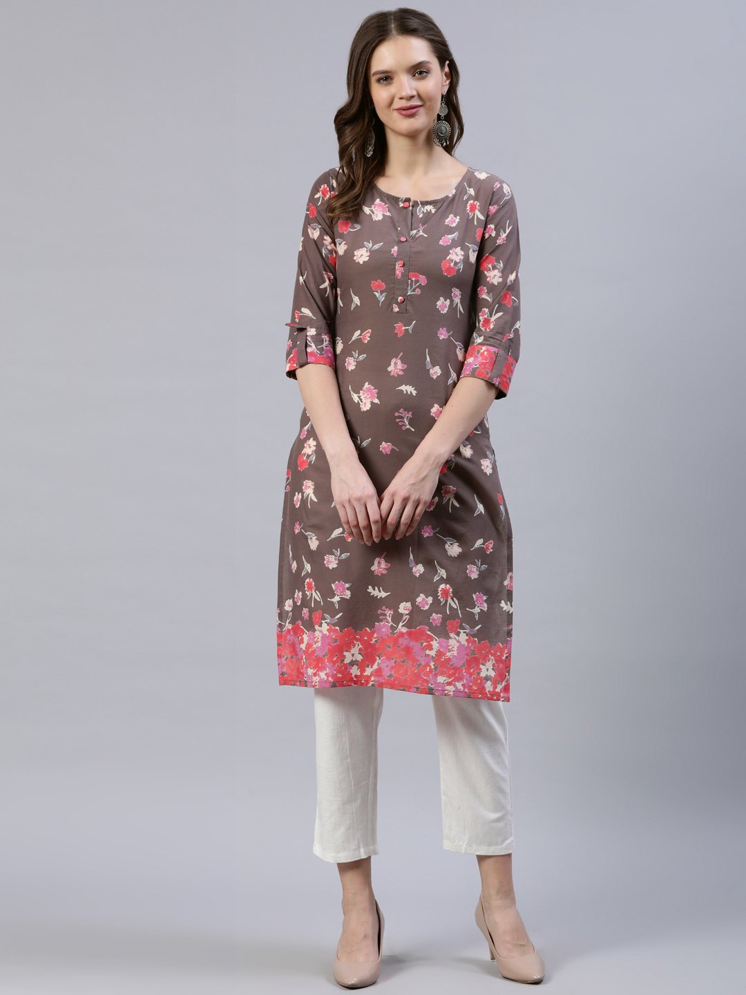 Women's Taupe Printed Straight Kurta With Three Quarter Sleeves