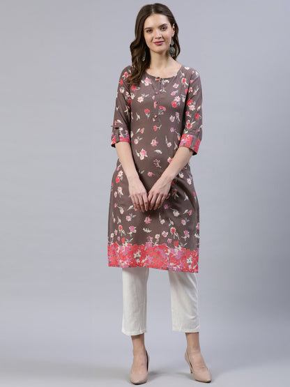 Women's Taupe Printed Straight Kurta With Three Quarter Sleeves