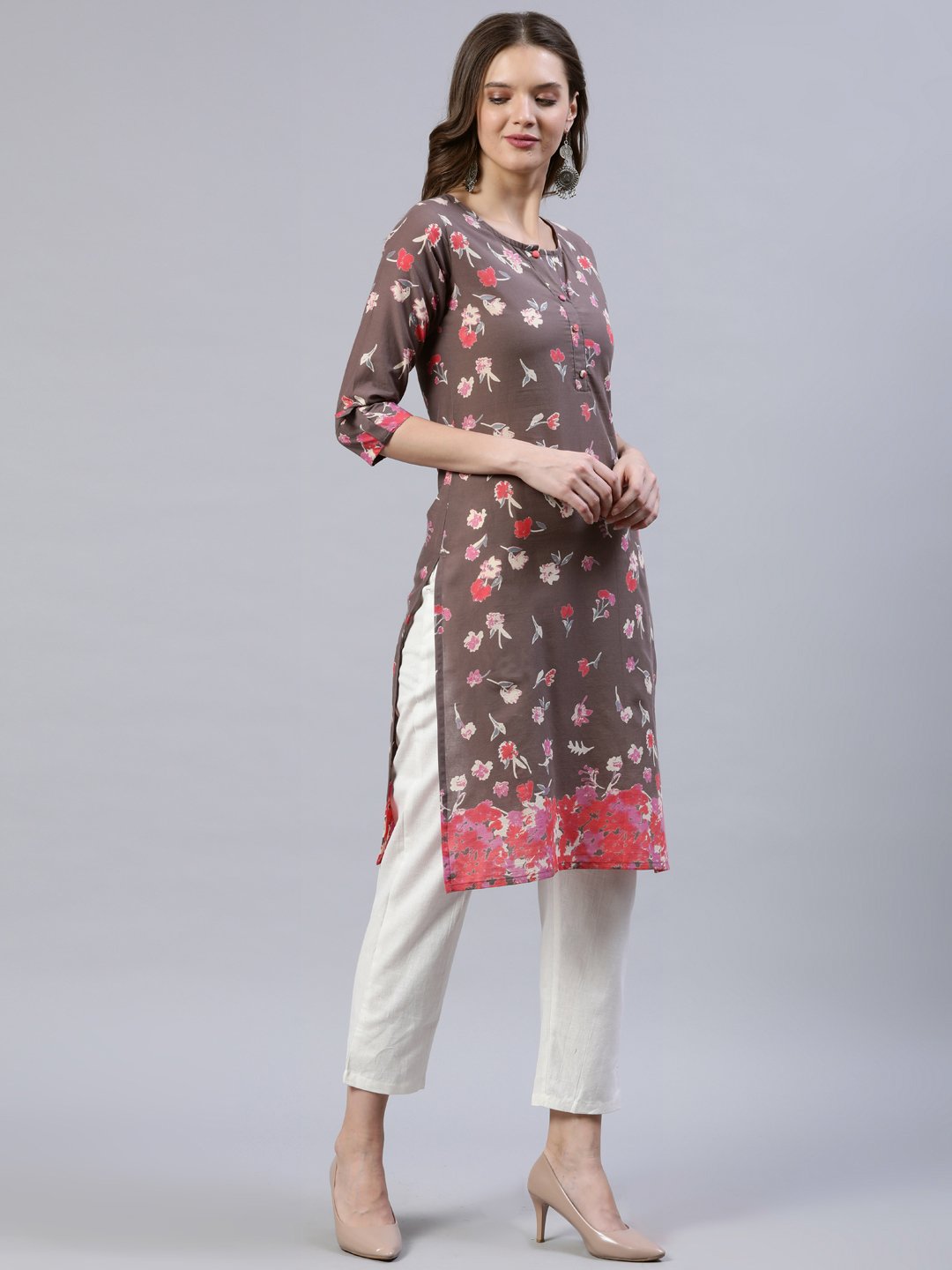 Women's Taupe Printed Straight Kurta With Three Quarter Sleeves