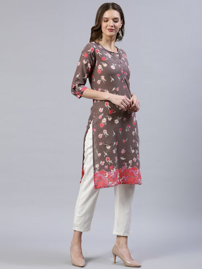 Women's Taupe Printed Straight Kurta With Three Quarter Sleeves