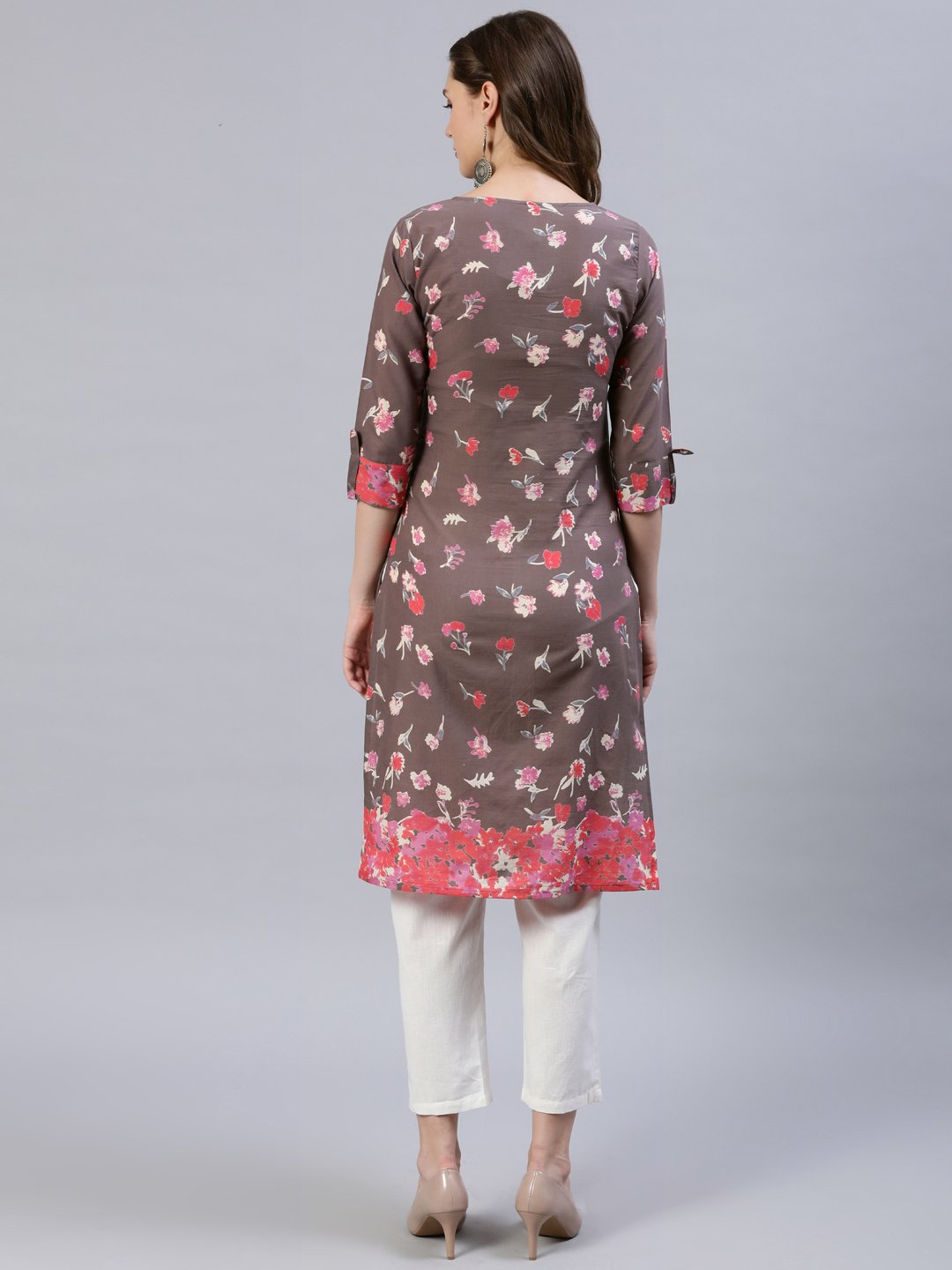 Women's Taupe Printed Straight Kurta With Three Quarter Sleeves