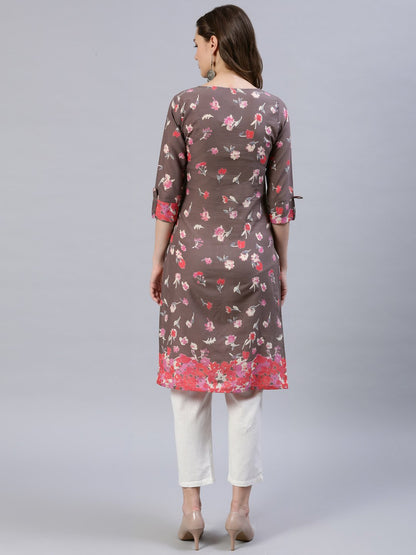 Women's Taupe Printed Straight Kurta With Three Quarter Sleeves