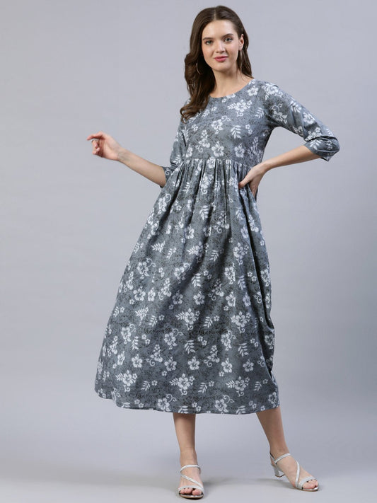 Women's Grey Floral Printed Dress With Three Quarter Sleeves